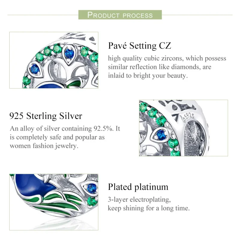 (bilde for) Pandora Style Silver Peafowl Charm - BSC037 - Vis 7