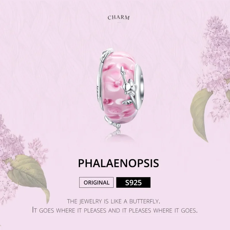 (bilde for) Pandora Style Silver Phalaenopsis Murano Glass Charm - SCC1281 - Vis 2