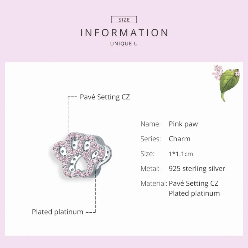 (bilde for) Pandora Style Silver Pink Paw Charm - BSC164 - Vis 7