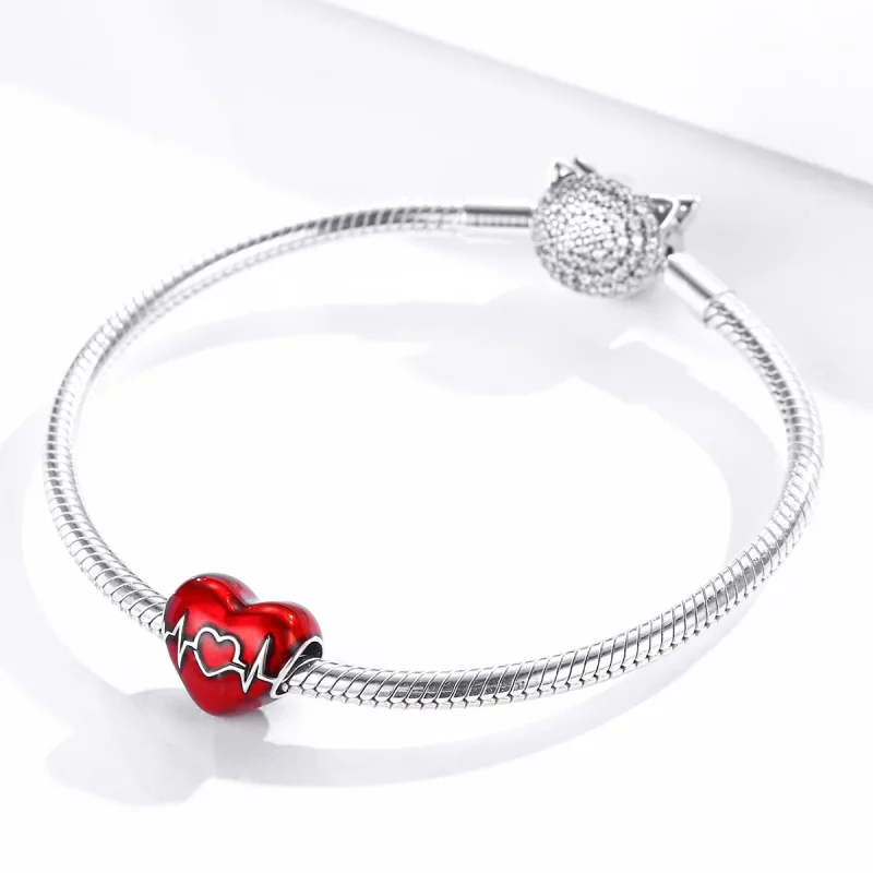 (bilde for) Pandora Style Silver Red Heartbeat of Love Charm - SCC1569 - Vis 3