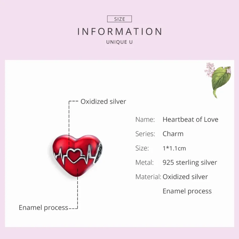 (bilde for) Pandora Style Silver Red Heartbeat of Love Charm - SCC1569 - Vis 7