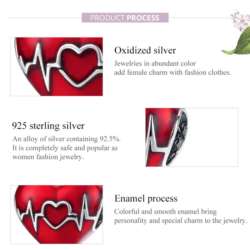 (bilde for) Pandora Style Silver Red Heartbeat of Love Charm - SCC1569 - Vis 8