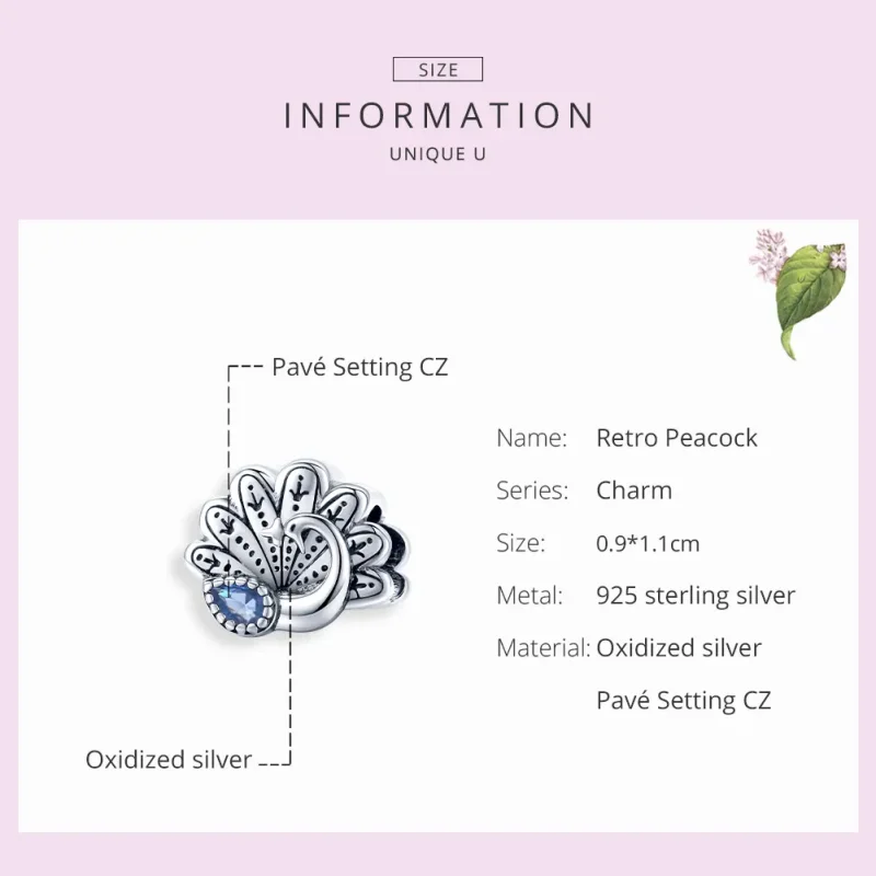 (bilde for) Pandora Style Silver Retro Peacock Charm - SCC1558 - Vis 7