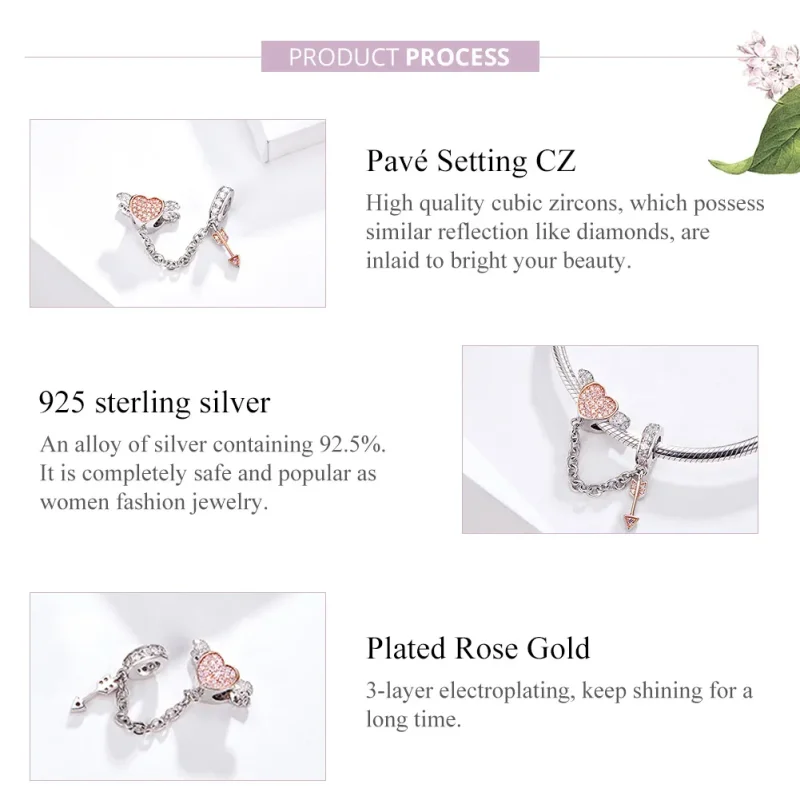 (bilde for) Pandora Style Silver & Rose Gold Arrow of Cupid Safety Chain - SCC1208 - Vis 4