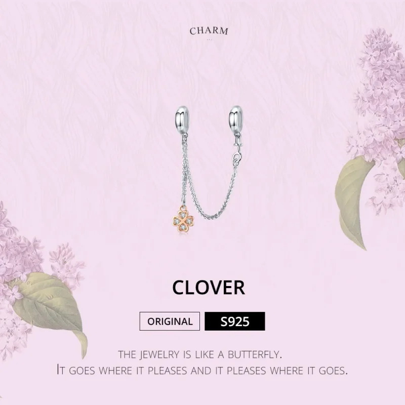 (bilde for) Pandora Style Silver & Rose Gold Clover Safety Chain - SCC1261 - Vis 2
