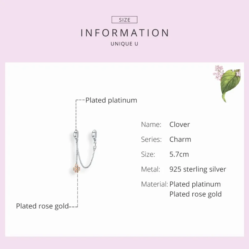 (bilde for) Pandora Style Silver & Rose Gold Clover Safety Chain - SCC1261 - Vis 3