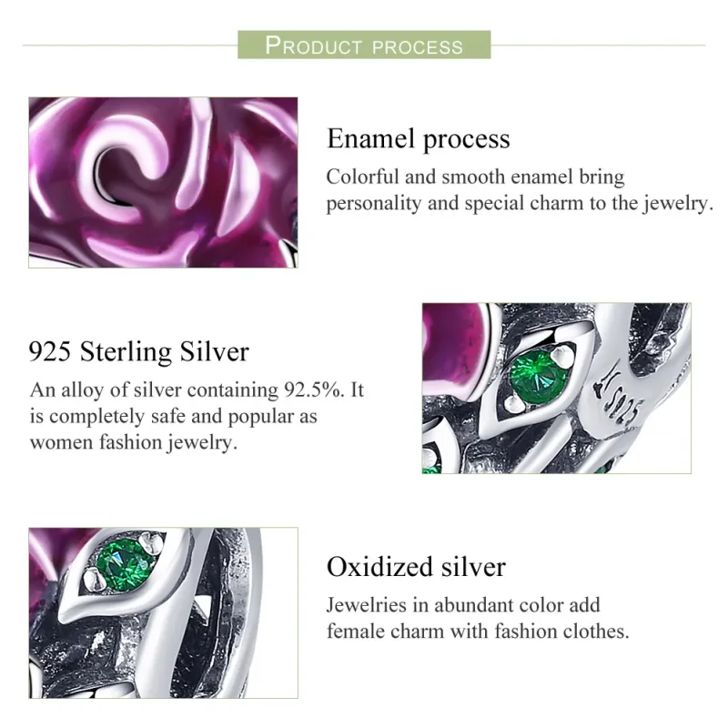 (bilde for) Pandora Style Silver Rose Heart Charm - SCC927 - Vis 7