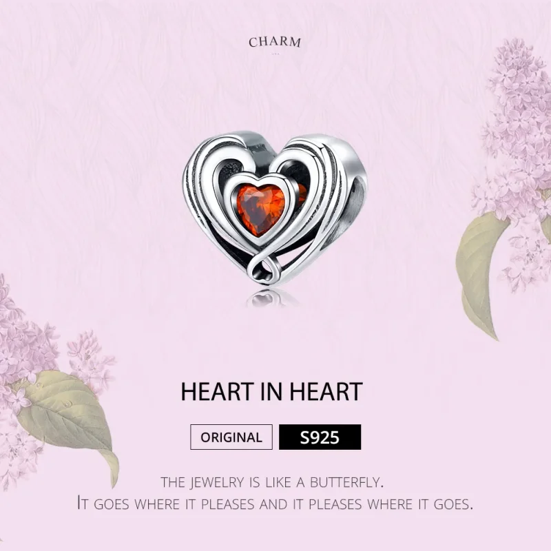 (bilde for) Pandora Style Silver Rubby Heart In Heart Charm - SCC1472 - Vis 6