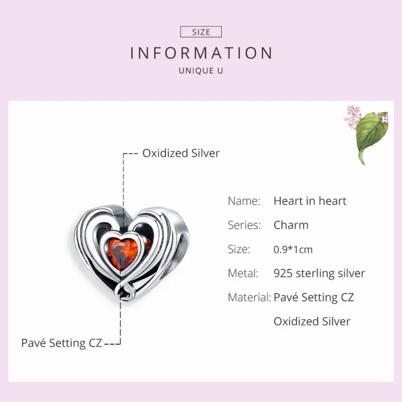 (bilde for) Pandora Style Silver Rubby Heart In Heart Charm - SCC1472 - Vis 7