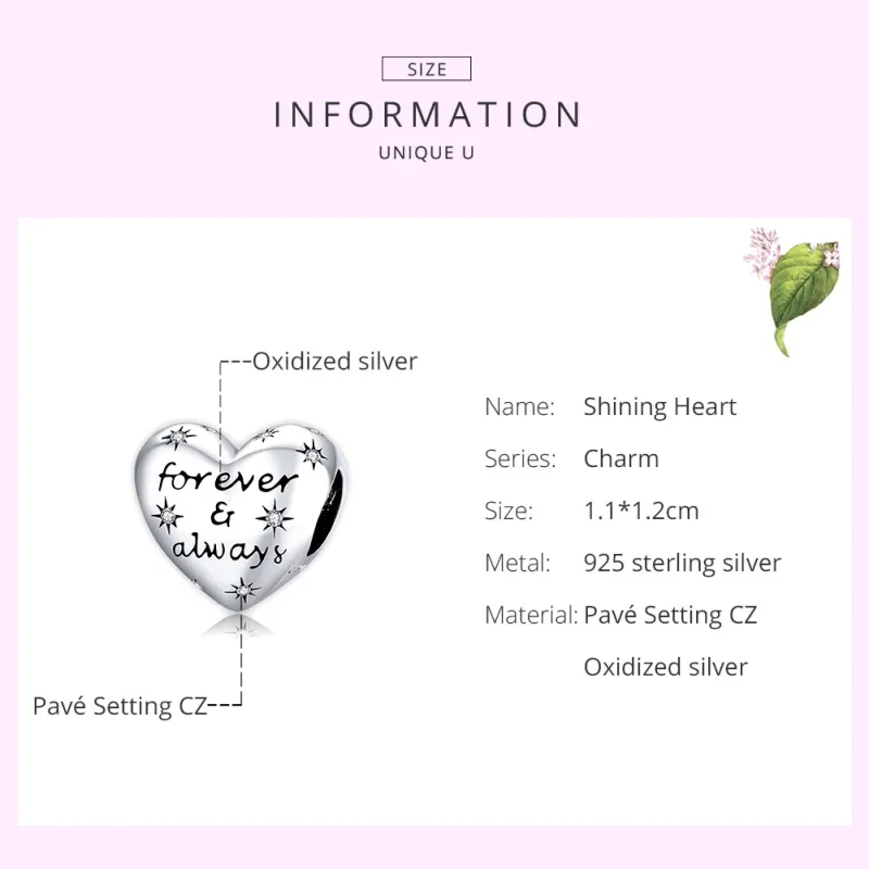 (bilde for) Pandora Style Silver Shining Heart Charm - SCC1735 - Vis 7