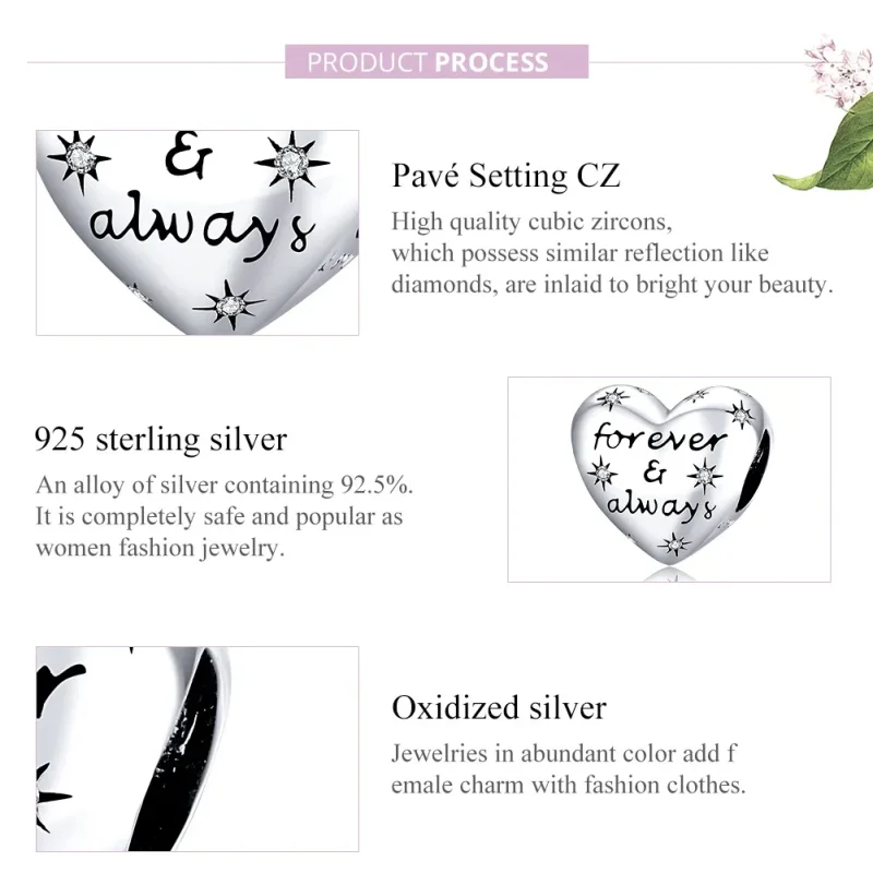 (bilde for) Pandora Style Silver Shining Heart Charm - SCC1735 - Vis 8