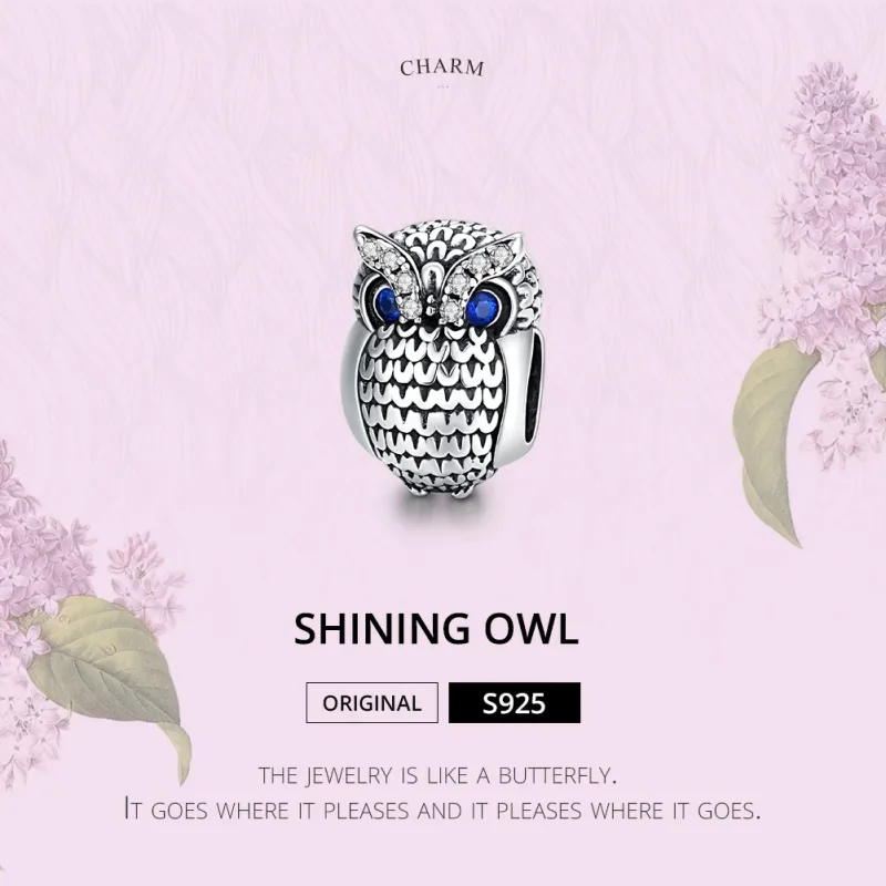 (bilde for) Pandora Style Silver Shining Owl Charm - SCC1607 - Vis 6