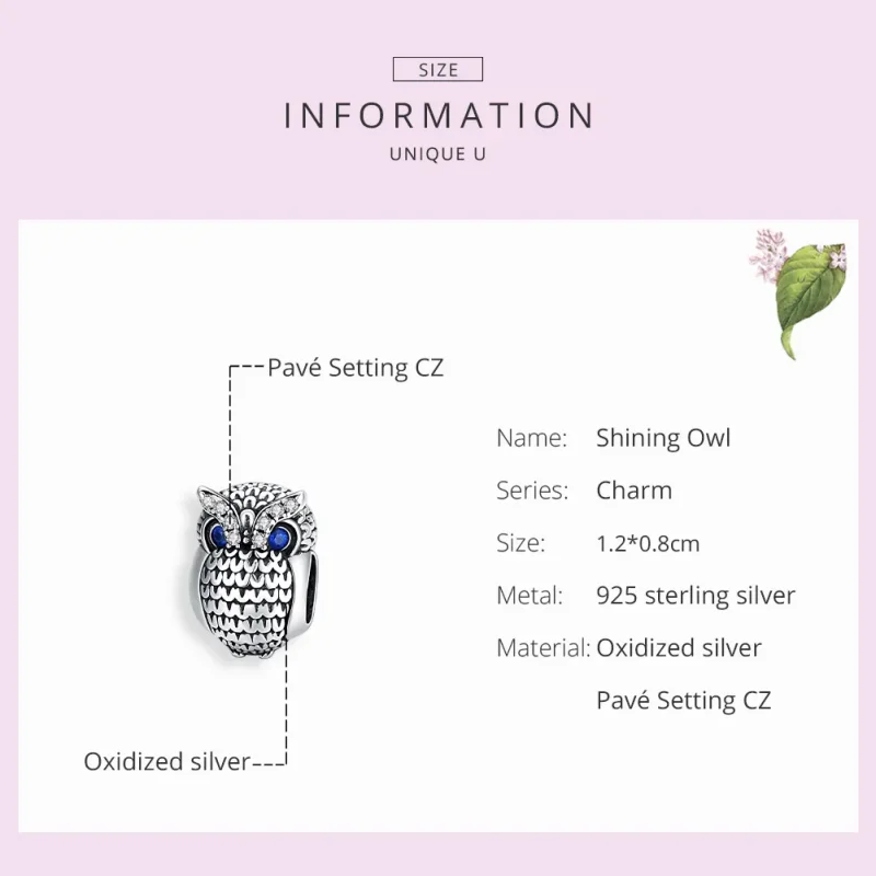 (bilde for) Pandora Style Silver Shining Owl Charm - SCC1607 - Vis 7