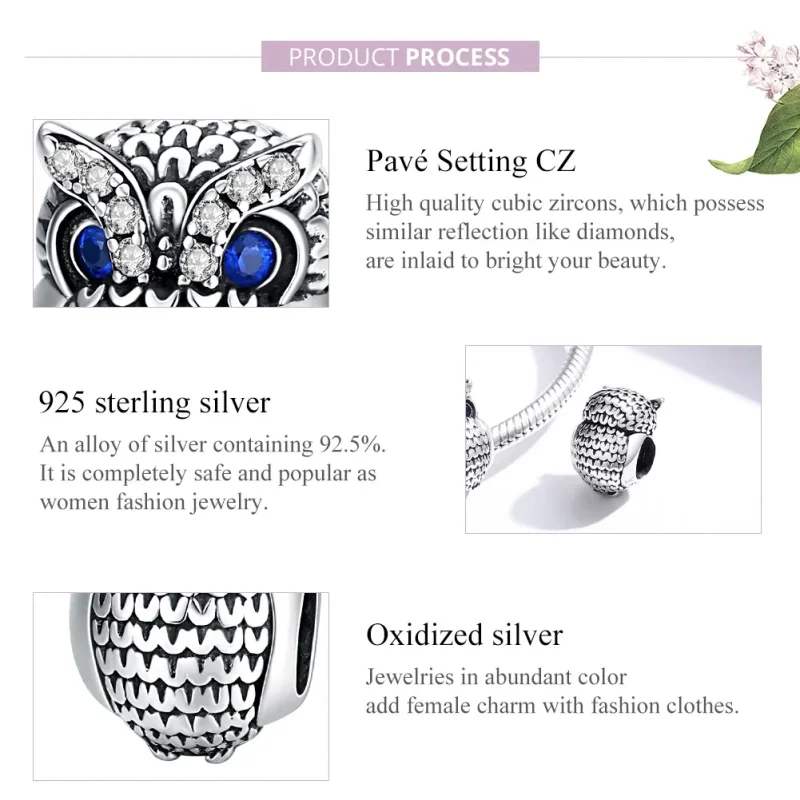 (bilde for) Pandora Style Silver Shining Owl Charm - SCC1607 - Vis 8