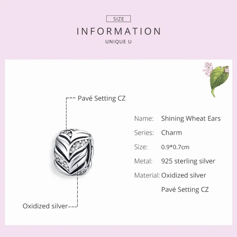(bilde for) Pandora Style Silver Shining Wheat Ears Charm - SCC1614 - Vis 7