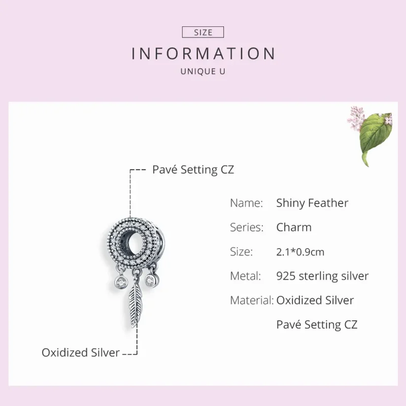 (bilde for) Pandora Style Silver Shiny Feather Charm - SCC1550 - Vis 7