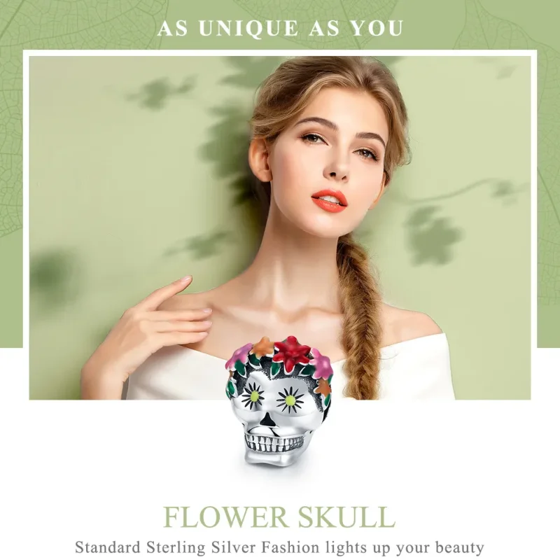 (bilde for) Pandora Style Silver Sugar Skull Charm - SCC888 - Vis 6