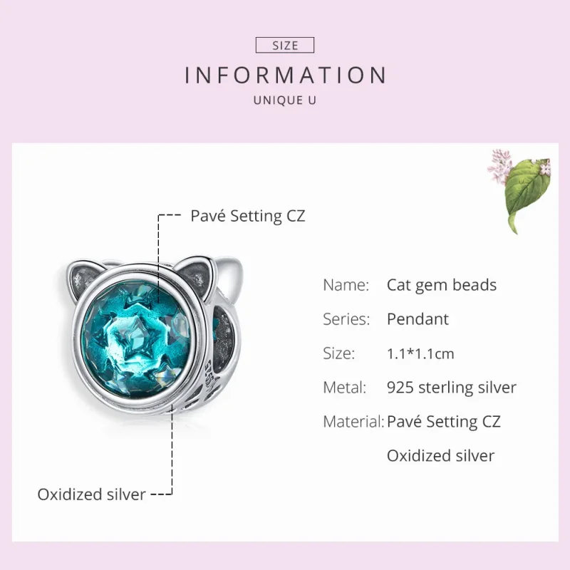(bilde for) Pandora Style Silver Teal Cat Charm - SCC1800 - Vis 7
