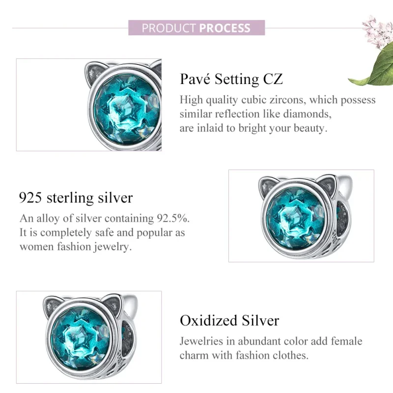 (bilde for) Pandora Style Silver Teal Cat Charm - SCC1800 - Vis 8