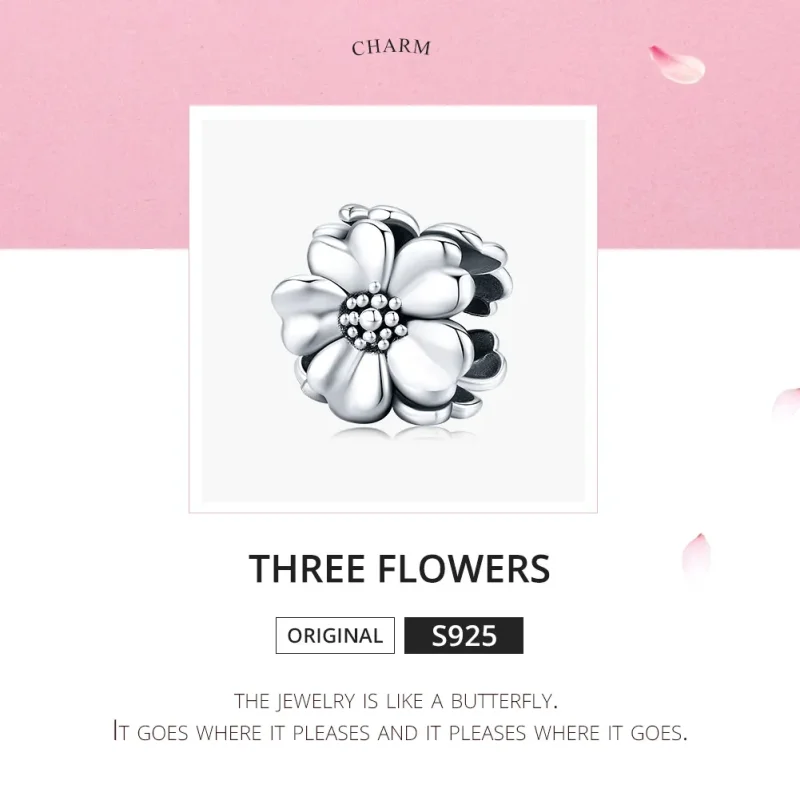 (bilde for) Pandora Style Silver Three Flowers Charm - SCC1486 - Vis 5