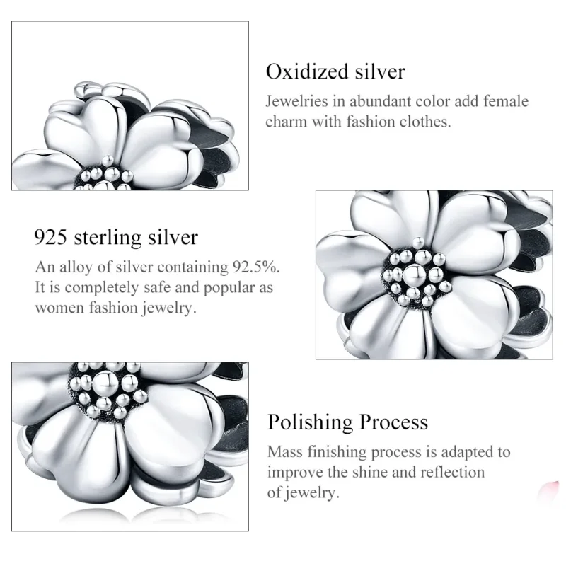(bilde for) Pandora Style Silver Three Flowers Charm - SCC1486 - Vis 6