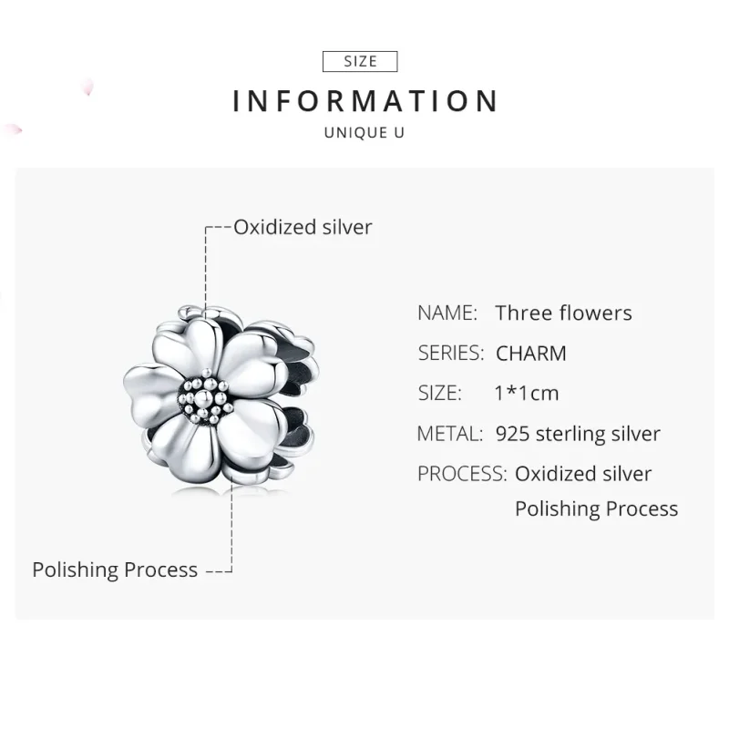 (bilde for) Pandora Style Silver Three Flowers Charm - SCC1486 - Vis 7