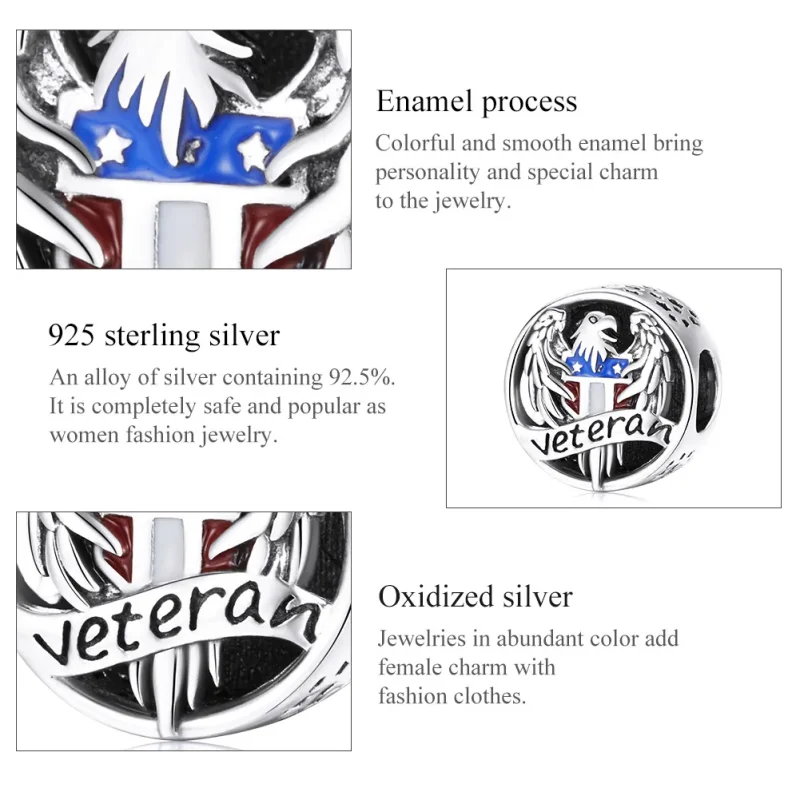 (bilde for) Pandora Style Silver Veteran Charm - SCC1885 - Vis 8