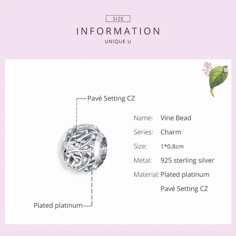 (bilde for) Pandora Style Silver Vine Charm - BSC256 - Vis 7