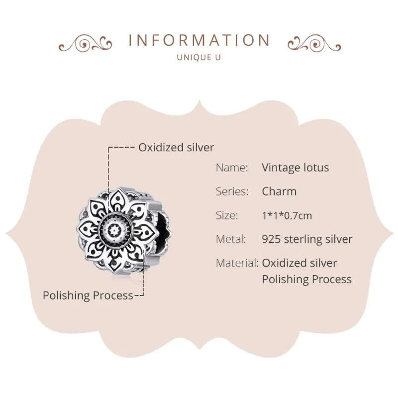 (bilde for) Pandora Style Silver Vintage Lotus Charm - SCC1823 - Vis 6