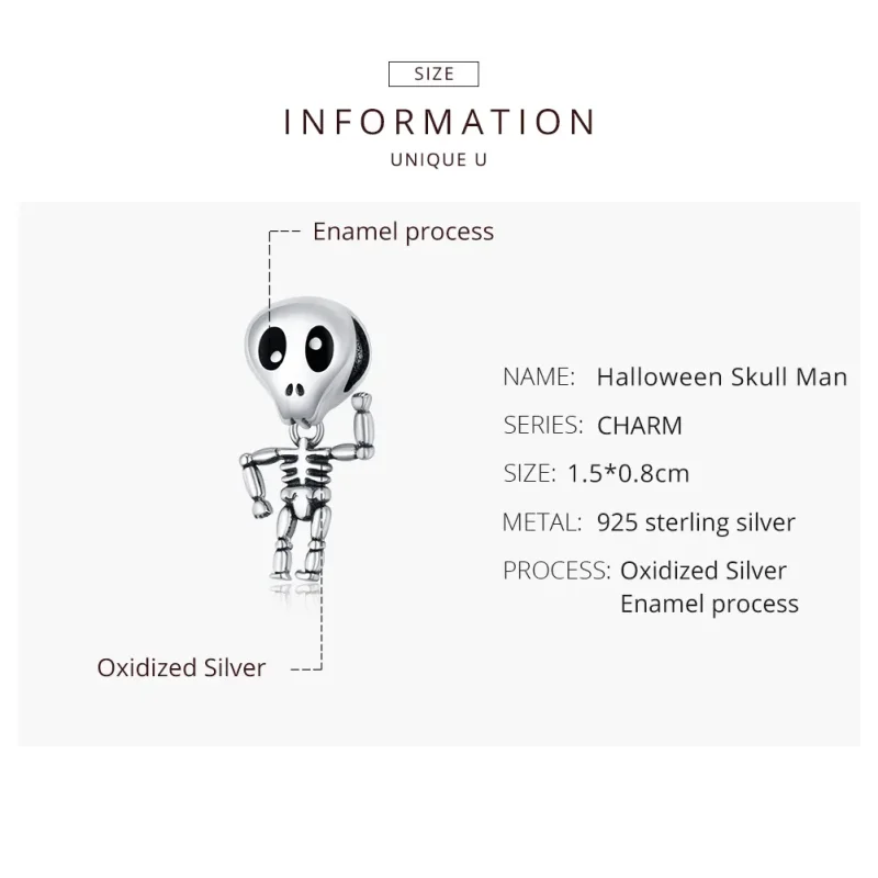 (bilde for) Pandora Style Sølv Halloween Skull Man Charm - SCC1617 - Vis 8