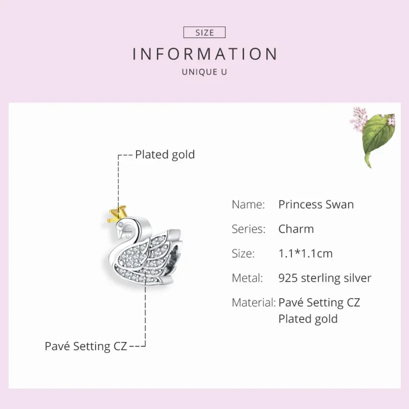 (bilde for) Pandora Style Two Tone Bicolor Princess Swan Charm - SCC1343 - Vis 7