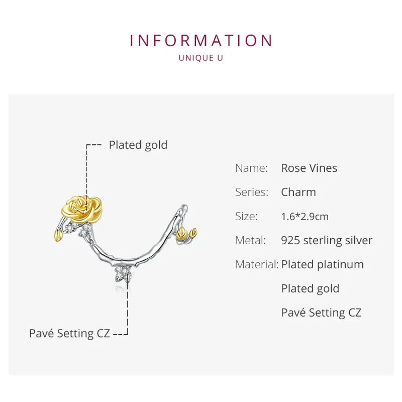(bilde for) Pandora Style Two Tone Bicolor Rose Vines Charm - BSC322 - Vis 6