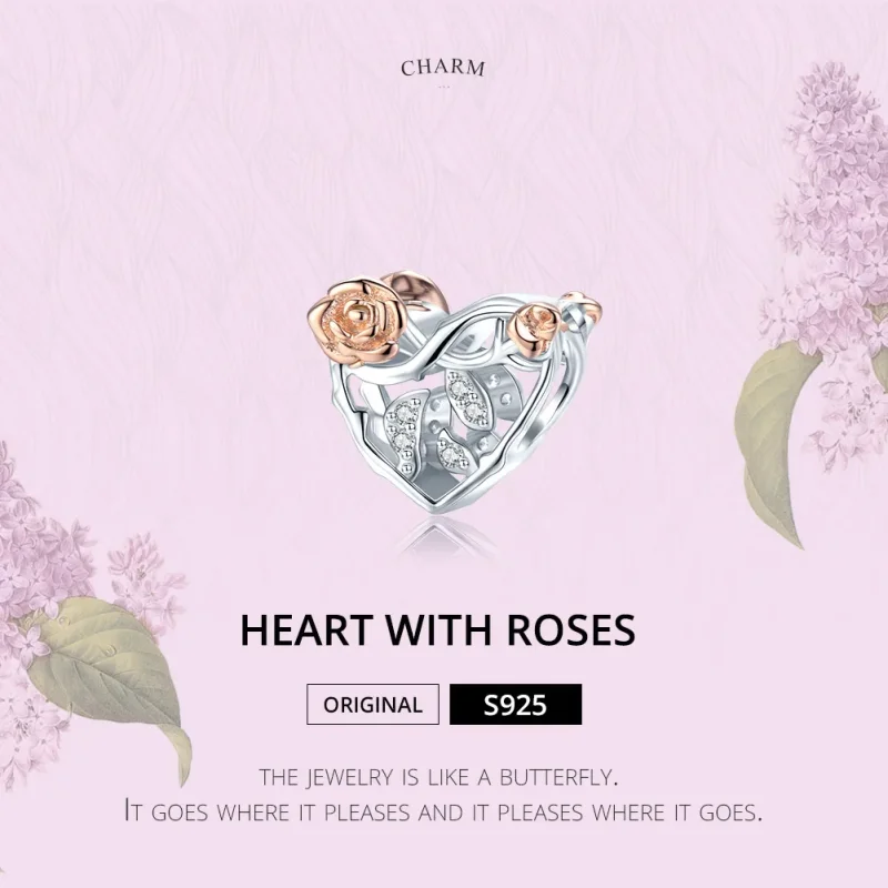 (bilde for) Pandora Style Two Tone Heart With Roses Charm - BSC280 - Vis 6