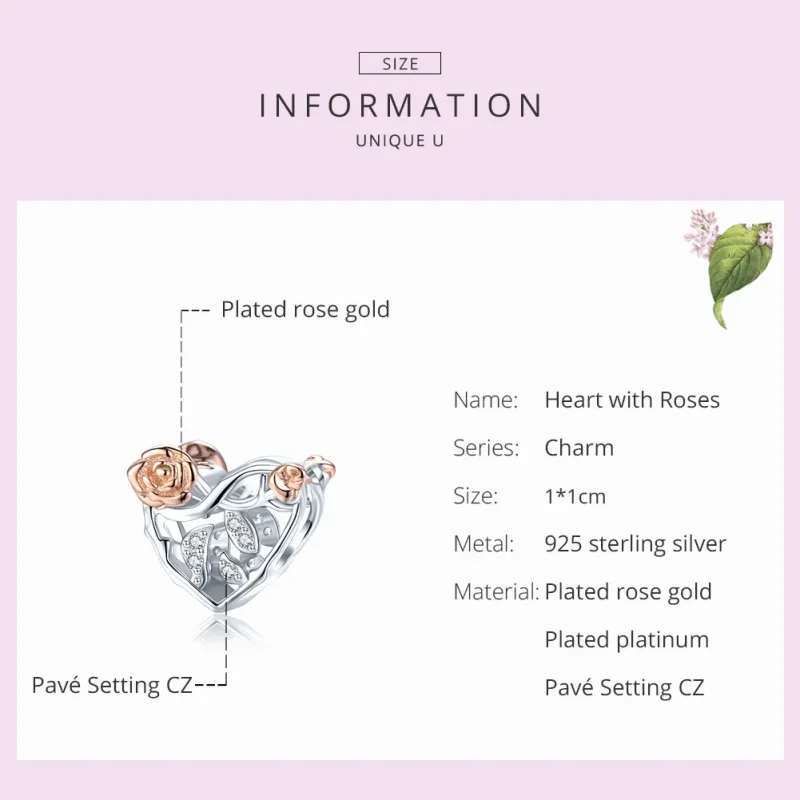 (bilde for) Pandora Style Two Tone Heart With Roses Charm - BSC280 - Vis 7