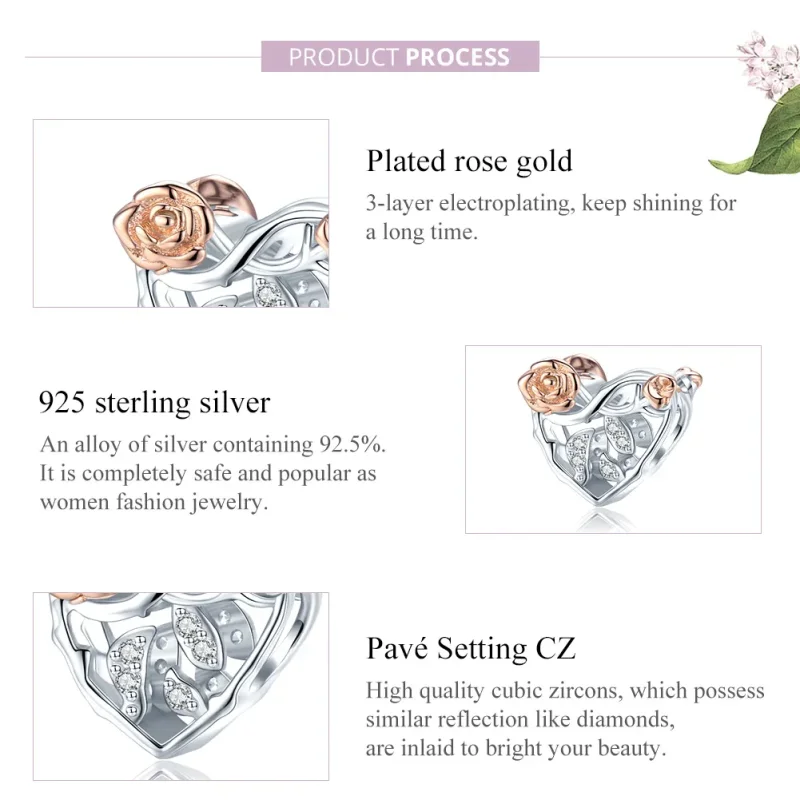 (bilde for) Pandora Style Two Tone Heart With Roses Charm - BSC280 - Vis 8