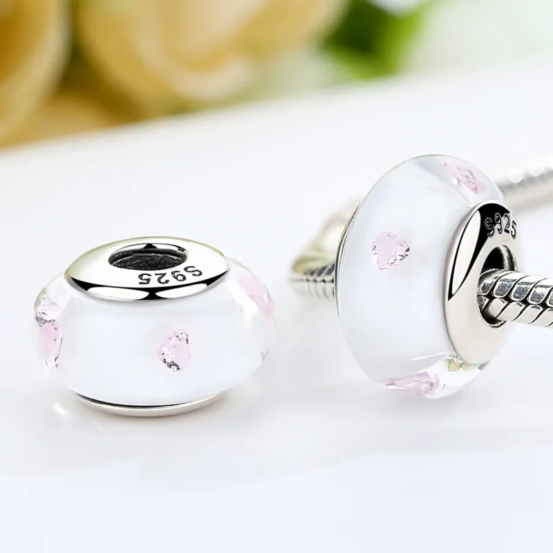 (bilde for) Pandora Style White Murano Glass Pink Stones Charm - SCZ004 - Vis 3