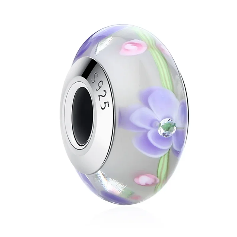 (bilde for) Pandora Style Wisteria Flowers Murano Glass Charm - SCZ019 - Vis 2