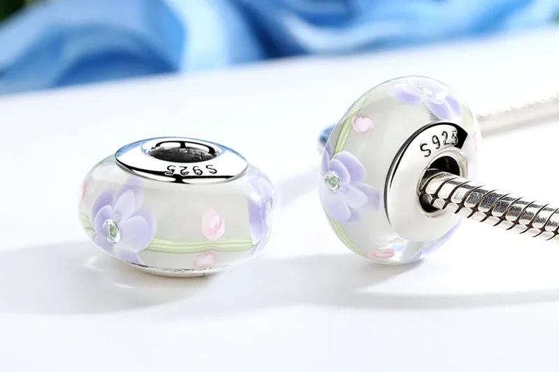 (bilde for) Pandora Style Wisteria Flowers Murano Glass Charm - SCZ019 - Vis 3