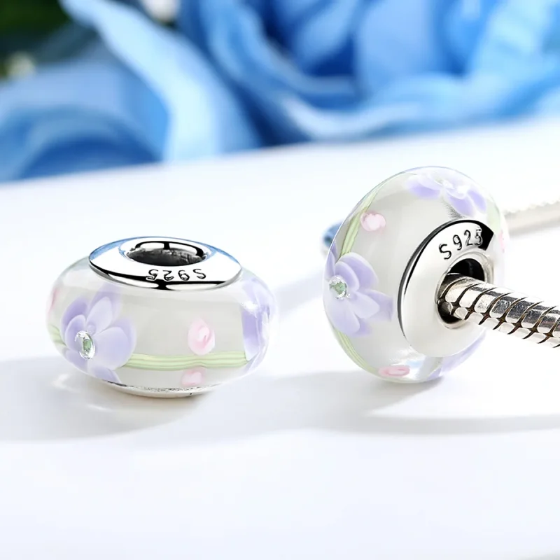 (bilde for) Pandora Style Wisteria Flowers Murano Glass Charm - SCZ019 - Vis 4