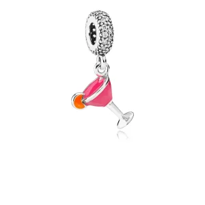 (bilde for) Pandora Cocktailglass sølv dingler med klar cubic zirconia, rosa og oransje emalje - 792153ENMX