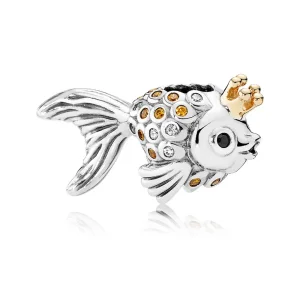 (bilde for) Pandora Fairytale fish silver charm with 14k, orange and golden coloured cubic zirconia and black crystal - 792014CCZ