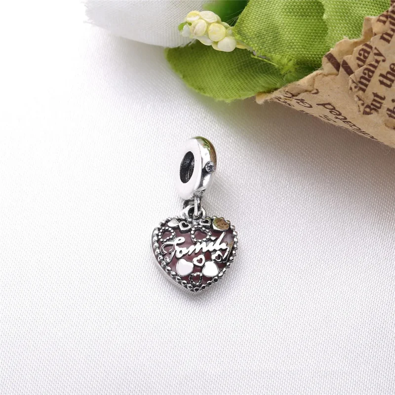 (bilde for) Pandora Familiehjerte sølv dingler med rosa emalje og klare cubic zirconia - 796 - Vis 2