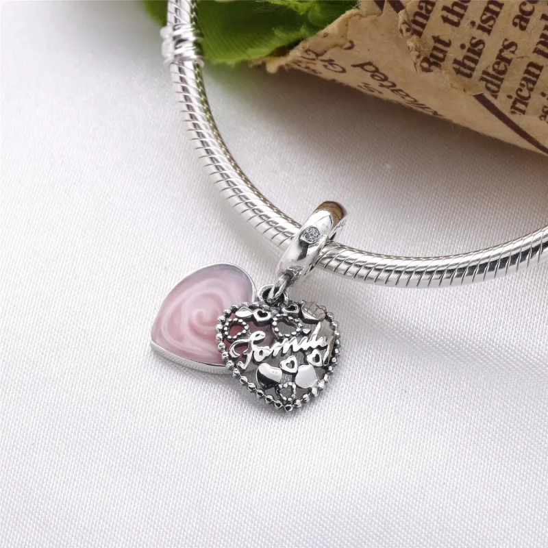 (bilde for) Pandora Familiehjerte sølv dingler med rosa emalje og klare cubic zirconia - 796 - Vis 3