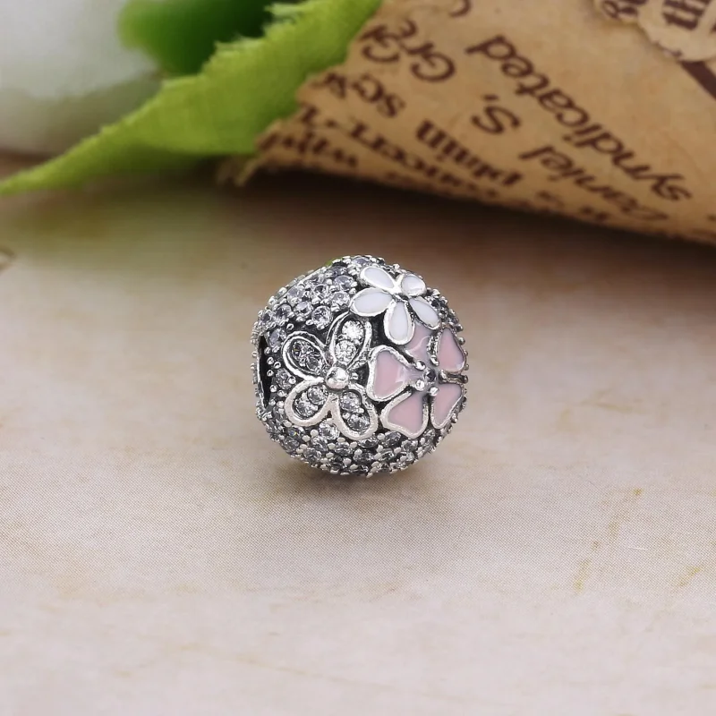 (bilde for) Pandora Floral silver clip with clear cubic zirconia, white and pink enamel - 79 - Vis 2