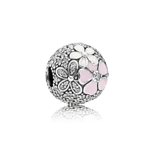 (bilde for) Pandora Floral silver clip with clear cubic zirconia, white and pink enamel - 792084CZ