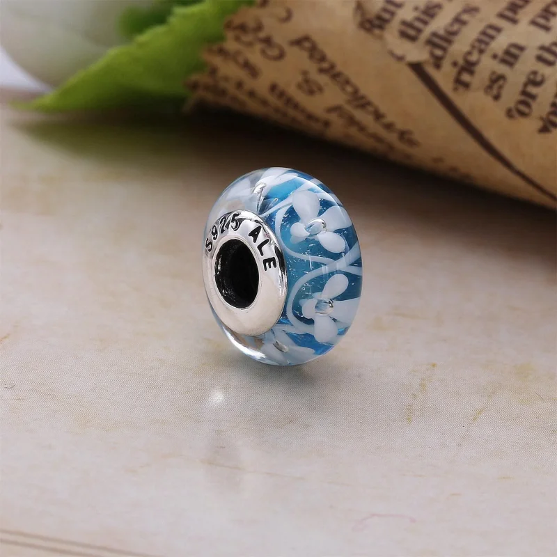 (bilde for) Pandora Flower silver charm with light blue, white and transparent Murano glass - Vis 2