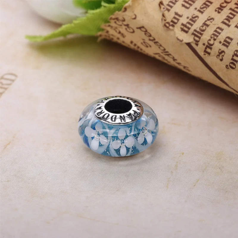 (bilde for) Pandora Flower silver charm with light blue, white and transparent Murano glass - Vis 3