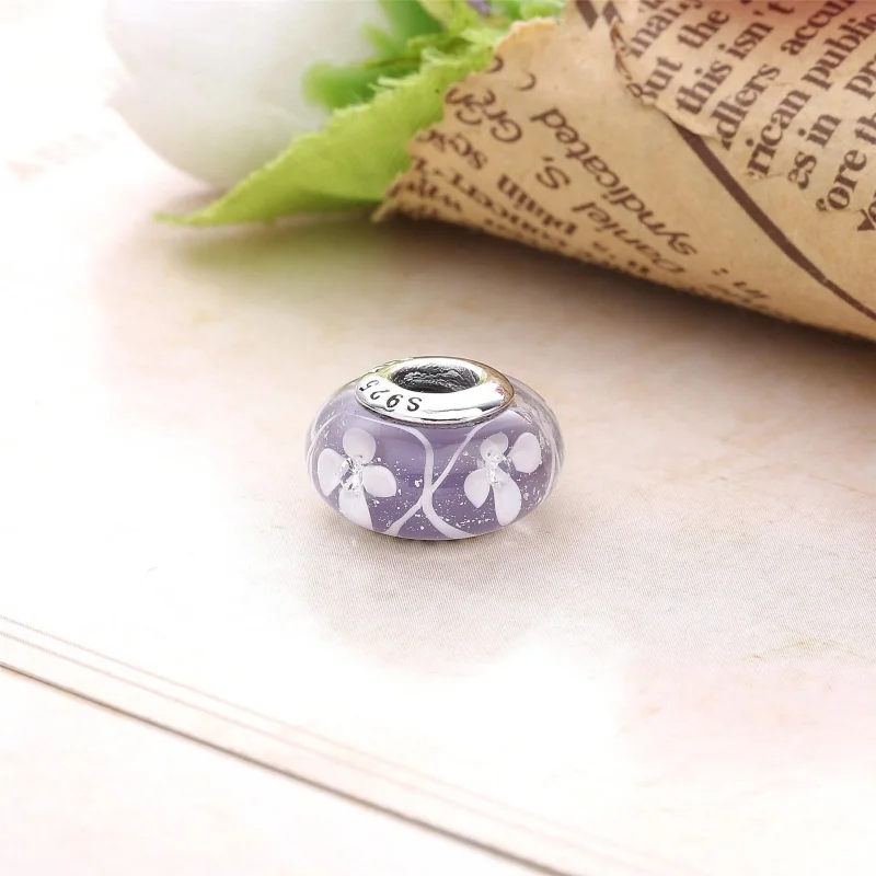 (bilde for) Pandora Flower silver charm with white and transparent Murano glass and purple G - Vis 3