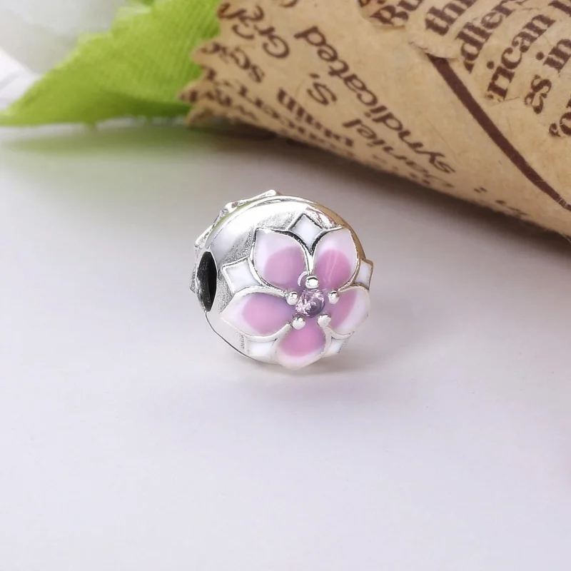(bilde for) Pandora Magnolia silver clip with pink cubic zirconia, white and shaded pink ena - Vis 2