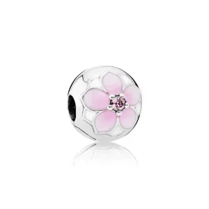 (bilde for) Pandora Magnolia silver clip with pink cubic zirconia, white and shaded pink enamel - 792078PCZ